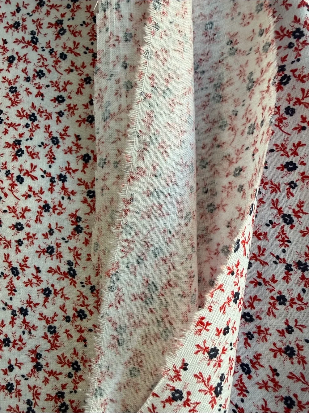 Vintage 1970s Calico Fabric 3 Yards Red Navy Floral Cream Cotton Blend 44”